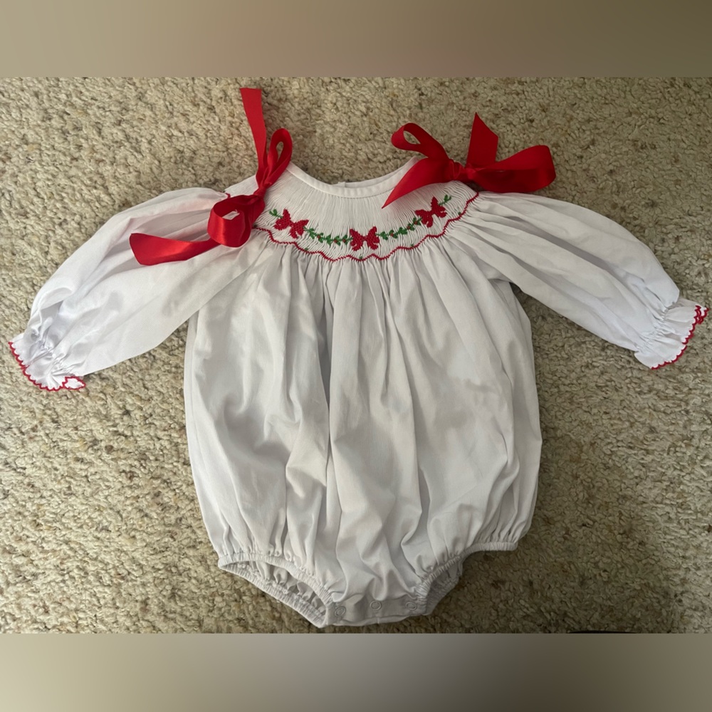 Stitchy Fish smocked Christmas Bubble Romper 6mo